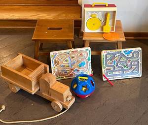 LR - Vintage Childrens Toys and Pair of Vintage Wooden Stools