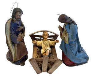 LR - Vintage Nativity Scene Figures - Baby Jesus in Manger with Mary & Joseph