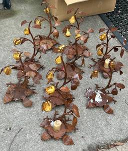 G - Tree-Form Metal Candle Holders - 13 in High Rust Finish with Gold Pear Accents - Set of 5