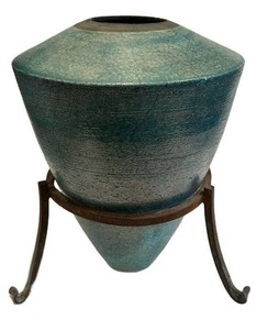 K -Handcrafted Vase - Aqua Crackled-Glaze, 18in, Iron Stand