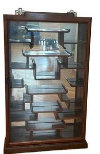 UL - Vintage Wall Mounted Asian Display Cabinet- Glass-Front Wood Display Case