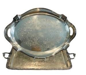 LR - Vintage Silver Plate Oval Serving Tray & Matching Rectangular Tray