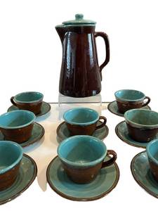 LR - Brown-Glazed Ceramic Coffee Pot with Turquoise Interior & Lid - Teacups & Saucers Set