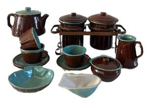 Brown & Teal Glazed Stoneware Dinnerware Set with Canister