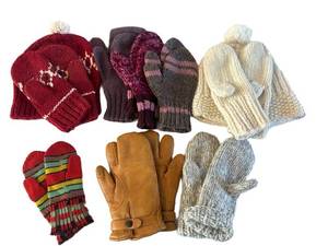 Vintage Winter Hats & Mittens Set - Knit Hats, Striped Mittens, Leather Gloves