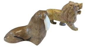 DR - Natural Stone Lion & Walrus Carvings