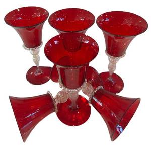 K - Vintage Murano Ruby Red Hand-Blown Glass Goblets - 6-Piece Set