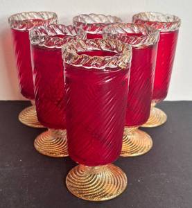 DR -Vintage Mid-Century Murano Ruby Red From Italy Footed Art Glass Goblets  Vintage Pauls Products Italian Footed Goblets