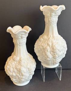 DR - Pair of Vintage Imperial Glass White Milk Glass Vases in Loganberry Pattern