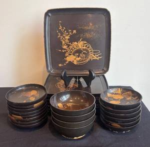 DR - Vintage Asian Black Plates & Bowls Set - 8 Plates and 24 Bowls