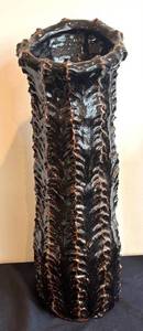 DR - Tall Black Handcrafted Pottery Vase with Textured Ribbed Surface