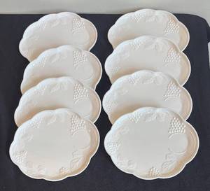 DR - Eight Vintage Milk Glass Snack Plates - Grape Embossed with Scalloped Edge