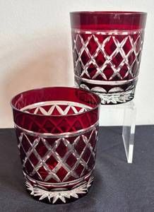 DR - Vintage Edo Kiriko Ruby Cut Glass Old Fashioned Glasses - Set of 2