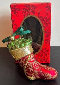 DR - Crane & Co Stocking Ornament - RedGold with Green Glitter Top
