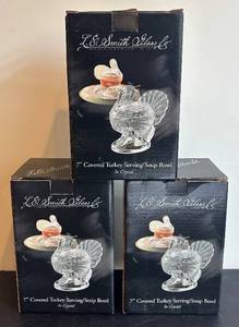 DR - Three LE Smith 7-in Covered Turkey Crystal Serving Bowls