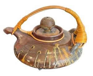 Vintage Bresnahan Handcrafted Pottery Teapot With Rattan-Wrapped Handle