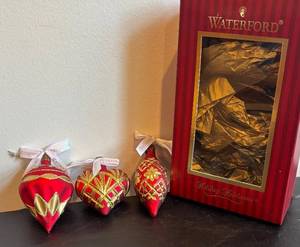 DR - Three Waterford Christmas Ornaments with Red Glass and Golden Glitter Accents