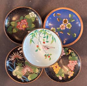 DR - Cloisonn Enamel Plates - 5 Vintage Chinese, 3.75 Diameter