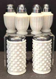 K - Vintage Fostoria Milk Glass Salt & Pepper Shaker Set (Lot of 6) Hobnail & Ribbed