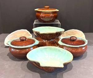 DR - Vintage Turquoise & Brown Glazed Crocks & Shell Bowls - 8-Piece Set