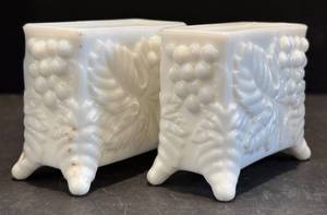 DR - Pair of Vintage Imperial Glass Milk Glass Cigarette Holders Grape Pattern