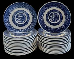 K - Blue & White Transferware Saucers - 25 Pieces