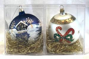 DR - Peggy Walls Ornaments (Lot of 2) - Blue Winter Scene & Candy Cane Bow