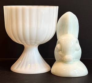 DR - Milk Glass Bunny Bust & Ribbed Egg Holder - Vintage White