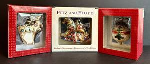 DR - Fitz and Floyd Christmas Ornaments - Deer, Gift Ball & Rocking Horse (Lot of 3)