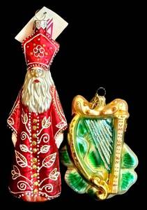 DR - Christopher Radko Vintage Santa Ornament & Leaf-Shaped Glass Ornament (Lot of 2)