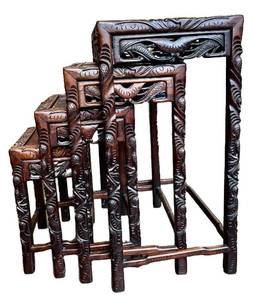 LR - Chinese Rosewood Nesting Tables - Hand-Carved Dragon Motif