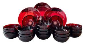 LR - Vintage Ruby Red Glass Bowls & Plates Set with Starburst Pattern