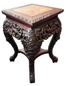 LR - Chinese Carved Rosewood Plant Stand with Marble Top