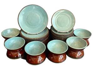 DR - Vintage Turquoise Glazed Stoneware Dinnerware Set