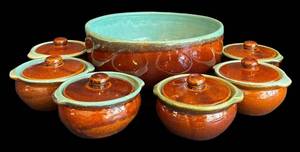LR - Vintage Brown & Aqua Glazed Ceramic Casserole Set with Lids and Large Serving Bowl