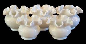 K - Set of Five Vintage Fenton White Milk Glass Rose Bowl Vases, Ruffled Edges