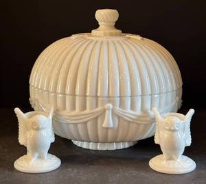 DR - Vintage Westmoreland Milk Glass Covered Bowl w Lid - 2 Owl Candle Holders - White