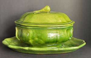 LR - Dieulefit Green Glazed Ceramic Soup Tureen with Lid & Matching Platter