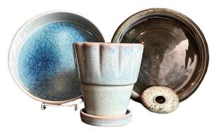 LR - Vintage Ikebana Ceramic Set - 4-Piece Tortoise Blue Glaze Planter & 2 Plates & Fluted Vase