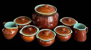 DR - Brown Glazed Stoneware Set (Lot of 7) - Vintage with Lids & Creamers