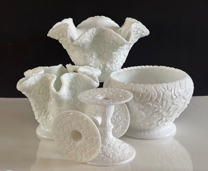 K - Westmoreland Milk Glass Bowl & Accessories (Lot of 5)