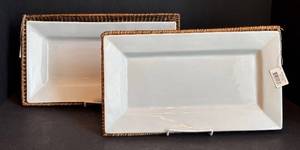 LR - Pair of Rectangular White Ceramic Trays with Woven Border