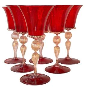 DR - Six Red Wine Glasses with Clear Gold-Fleck Stems