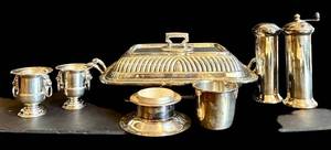 DR - Viners of Sheffield Silver Plate Casserole with Lid & Salt Cellars & Pepper Shakers (Lot of 5)