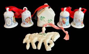 DR - Belleek House Ornament Set with 4 Bells & Horse (Six-Piece Christmas Decor)