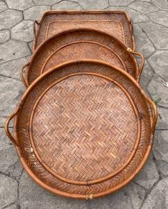 G - Philippines-made Woven Baskets - 3 Large Baskets (2 Round, 1 Rectangular) (Lot of 3)