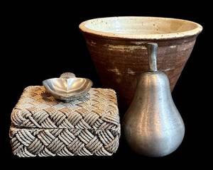 DR - Home Decor Selection Brown Ceramic Vase with Pewter Pear, Trinket Dish & Lidded Box (4-Piece Set)