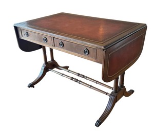 George Iii Style Two-Drawer Mahogany and Leather Top Inset Drop Leaf Coffee Table on Wheels