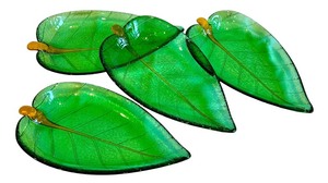 DR - Dynasty Gallery Emerald Green Glass Leaf Plates with Amber Stems (Lot of 4)