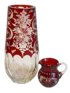 DR - Bohemian Ruby Glass Vase & Creamer - Cut-To-Clear Frosted Floral Motif, Vintage Czech